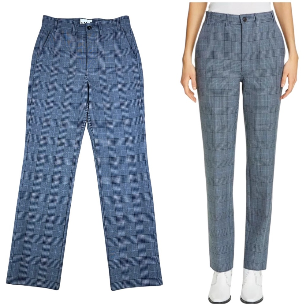 Ganni Suiting Plaid Pants Sz 2 High Rise Straight Leg Trousers Preppy Academia
